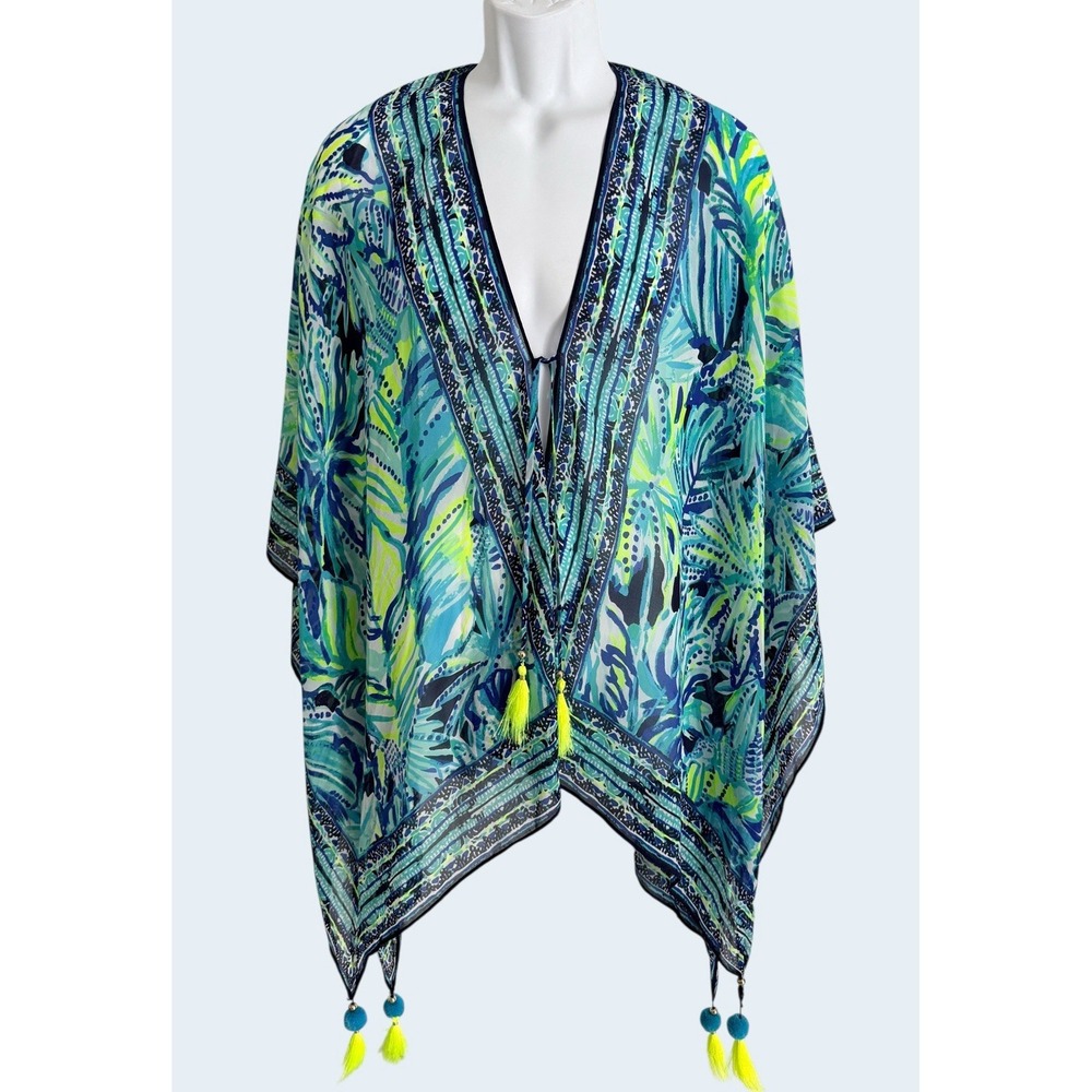 Lilly Pulitzer Poncho Cover Up OS Tassel Kimono Tropical Palm Print 27507‎